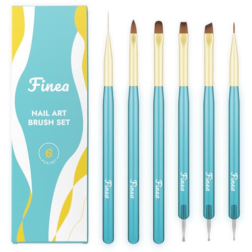Finea Nail Art Brushes and Dotting Tools 6pcs Set for Gel Polish Gold Blue