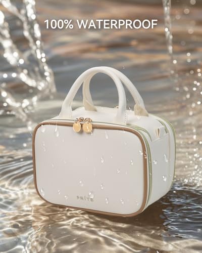 Prite Large Makeup Bag, Waterproof Travel Cosmetic Case with Brush Holder - color: Beige, size: Large
