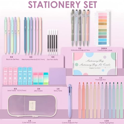 56 PCS Aesthetic School Supplies with Large Pencil Case, 5 Inspirational Ballpoint Pens, 12 Pastel Highlighters, 5 Black Ink Gel Pens, 6 Mechanical Pencils 0.5-0.7mm College Student Essentials(purple) - color: Purple