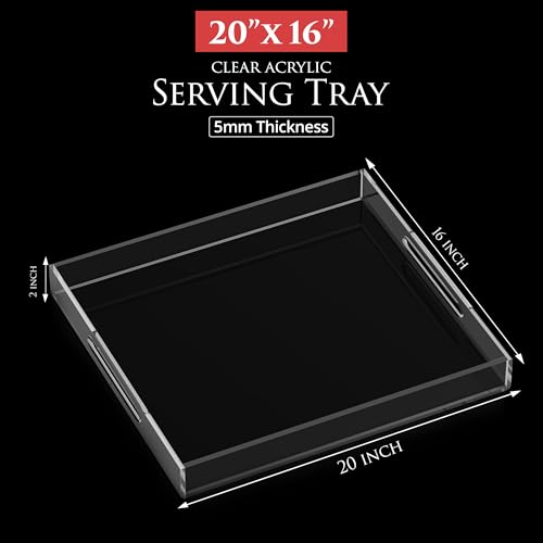 Acrylic Tray 20x16 with Cut Handles - Spill Proof Decorative Tray is an Ideal Countertop Organizer for Living Rooms, Ottoman Coffee Tables, Offices, Kitchens & Serving Guests - color: Transparent, size: 20" x 16" x 2"