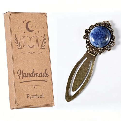 1Pcs Vintage Blue Sodalite Bookmark with Natural Crystal Stone - Fantasy Brass Metal Bookmarks for Reading Women, Men, Book Lovers, Girls and Teachers Book Marks(Sodalite) - color: Sodalite