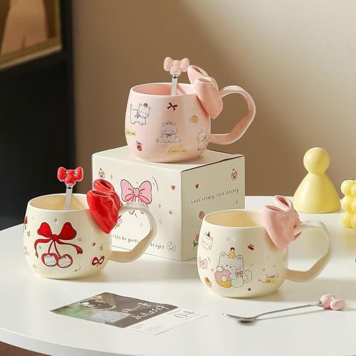 Cute WhiteCat Ceramic Coffee Mug with 3D Bow & Bow Spoon - color: D, size: Large