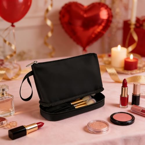 Small Makeup Bag 2 Layers Travel Cosmetic Bag with Makeup Brush Compartment - color: 02-nylon black