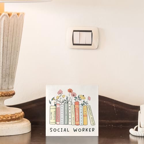 Social Worker Empower Gifts for Women, Floral Bookish Appreciation Gift for Social Work Wood Signs for Home Room Desk Table Shelf, 5x5 Inch - color: Social Worker-Floral Bookish