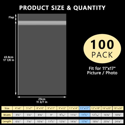 AUEAR 11"x17"Clear Plastic Sleeves Storage Bags for Art,Pictures,100 Pack - size: 11 x 17 inches