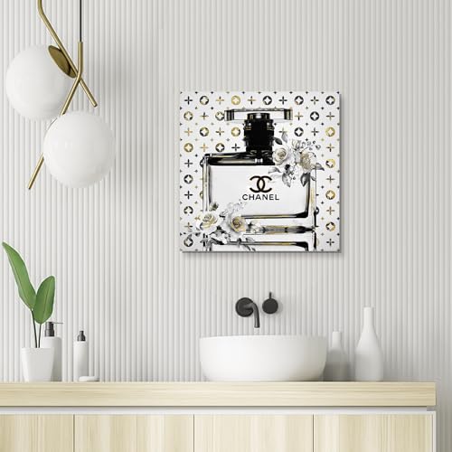 summer melody Chic Perfume Bottles Floral Canvas Wall Art 24x24Inch - color: Black&White, size: 24L" x 24W"