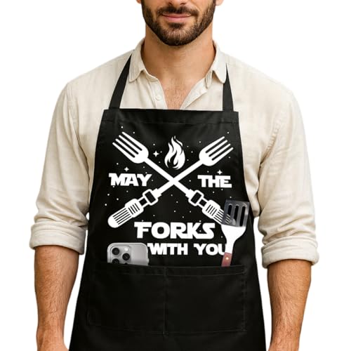 Funny Black Grill Apron with Pockets for Man,Dad,Husband,Father in Law,Chef Daddy Grilling Apron BBQ Cooking Gifts - color: May the Fork Be With You -2