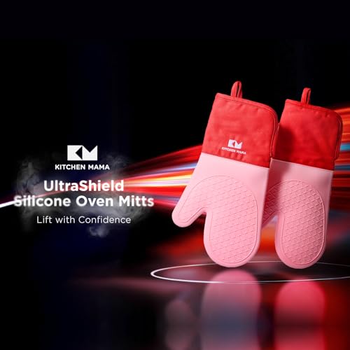 Kitchen Mama UltraShield Silicone Oven Mitts, Red - color: Red