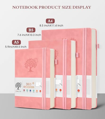 PERCUN A4 Lined Journal Notebook，365 Page Large Leather Journals for Writing Women Men，Hardcover Notebook with 100Gsm Thick Pages for Travel，Work，School，College Ruled, Daily Diary (8.5" x 11.4") - color: Pink, size: A4