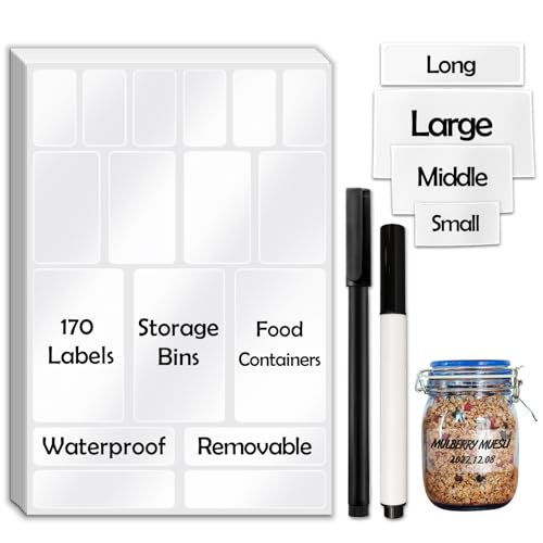 JIEHENG 170Pcs Clear Removable Labels for Jars with 2 Liquid Chalk Marker - color: Transparent