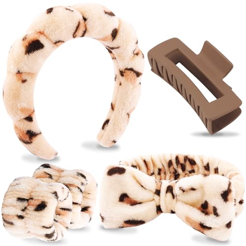 VELSCRUN Spa Headbands for Wash Face, Makeup Headband, Facial Skincare Headbands, 5 Pcs Brown Leopard Puffy Sponge Spa Headband Bow Tie Hair Band Hair Clips Wristband Set Women Girls Accessories - color: Brown Leopard