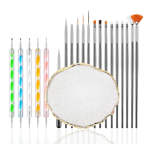 FULINJOY 21Pcs Nail Art Design Tool Kits - 1 Resin Nail Art Palette, 5 Nail Art Dotting Pens, 15 Nail Art Brushes, Nail Polish Mixing Palette Double-Ended Dotting Pen Nail Liner Nail Drawing Brushes