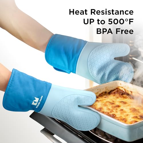 Kitchen Mama UltraShield Silicone Oven Mitts, Blue - color: Blue