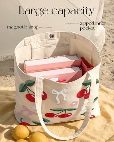 Miss Adola Embroidery Canvas Tote Bag with Pocket & Buckle - color: Cherry