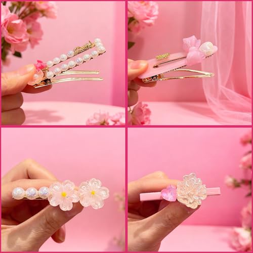 15 Pcs Girl and Women Hair Clips, Sweet and Fashionable Hair Clip Set, Pearl Color Acrylic Resin Hair Accessories, Suitable as Gifts for Girls and Women(pink) - color: pink