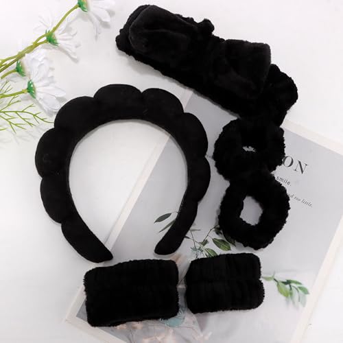AOPRIE SPA Headbands for Washing Face Makeup Headbands with Bow Hair Band Women Facial Head Band Wrist Towel Wraps For Shower Face Mask Black 2 Style Black, 6 Pack - color: Pure Black