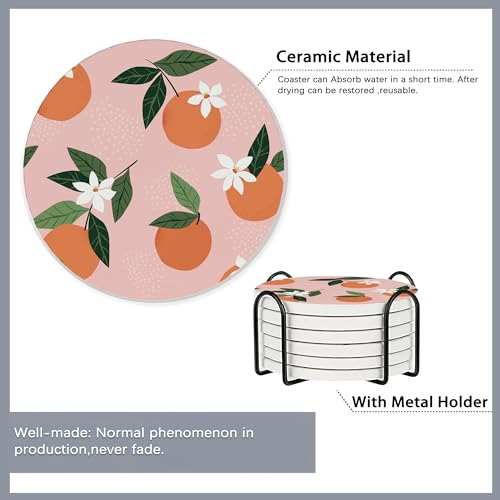Drink Coasters Set of 6 with Holder,Tropical Palm Leaves Orange Floral Absorbent Ceramic Coasters with Cork Base,Fit All Cups,Tabletop Protection Mat for Mugs and Cups,Office,Kitchen - color: Tropical Palm Leaves Orange Floral