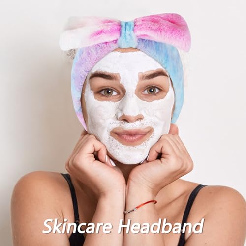 VELSCRUN Spa Headbands for Wash Face, Makeup Headband, Facial Skincare Headbands, 5 Pcs Colourful Puffy Sponge Spa Headband Bow Tie Hair Band Hair Clips Wristband Set Women Girls Accessories - color: Colourful