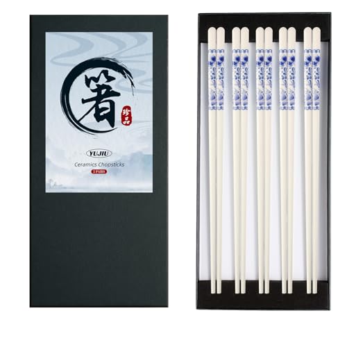 Porcelain Chopsticks Set of 5 Pairs, Reusable Bone Ceramic Chopsticks, Dishwasher Safe, Non-Slip Design, Elegant Gift Box for Family or Restaurant Use (Camellia) - color: Camellia