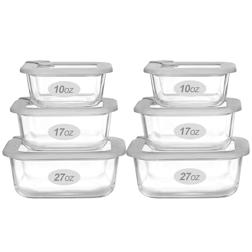 Glass Food Containers with Glass Lid, Microwave Safe Food Storage Container Set, 6 Pack Square Shape, Large Size Airtight Storage Set with Leak Proof Lids, Meal Prep Containers - color: Grey-J6S