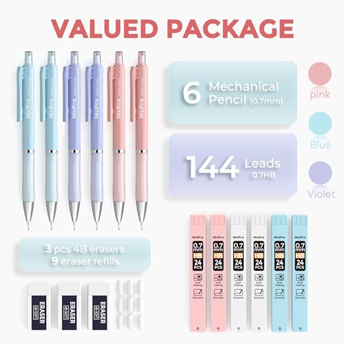 Nicpro Cute Mechanical Pencil, 0.7mm Pastel Pencils for School-6 Pack - style: 6 Pack (0.7mm)