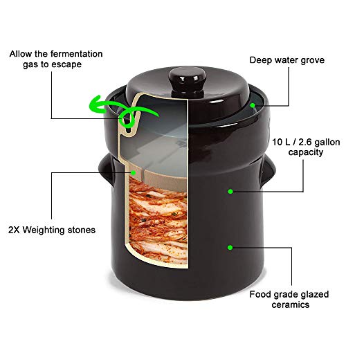 Seeutek Fermentation Crock Jar 10 Liter / 2.6 Gallon - Stoneware Pot for Fermenting, Pickling Kimchi, Pickles, Vegetables, Kombucha - Glazed Ceramics Fermenter with Stone Weights, Lid - size: 10L
