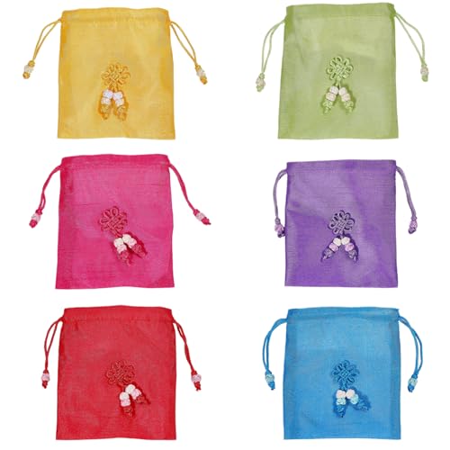 CHGCRAFT 6Pcs 6 Colors Traditional Korean Pouch Embroidered Drawstring Bags Rectangle Cloth Packing Pouches for Wedding Candy Jewelry Bags