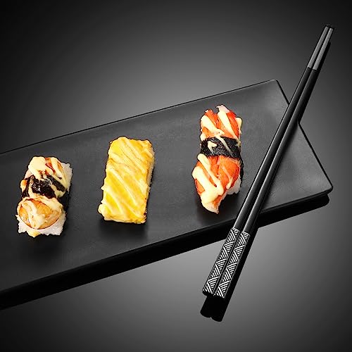Stainless Steel Chopsticks Set-5 Pairs Reusable Metal Chopsticks 18/8 Dishwasher Safe, Non-Slip Laser Engraved Tips -Premium Japanese Korean Style Titanium Plated Black Chop sticks -Gift Box
