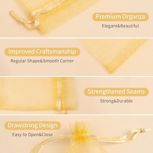 50PCS Gold Organza Bags 3x4, Small Mesh Gift Bags Drawstring Cute Sheer Mini Pouches Goodie Baggies for Jewelry Candy Sachet Treats Wedding Birthday Baby Shower Halloween Party Favors - color: Gold