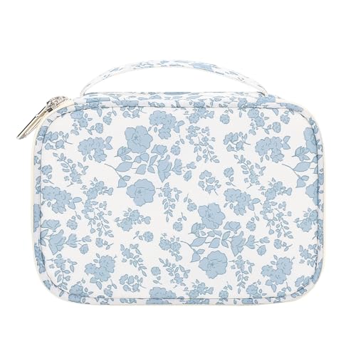Relavel Travel Makeup Bag, Mini Floral Cosmetic Bag with 2 Layers - color: 01-Blue, size: Small