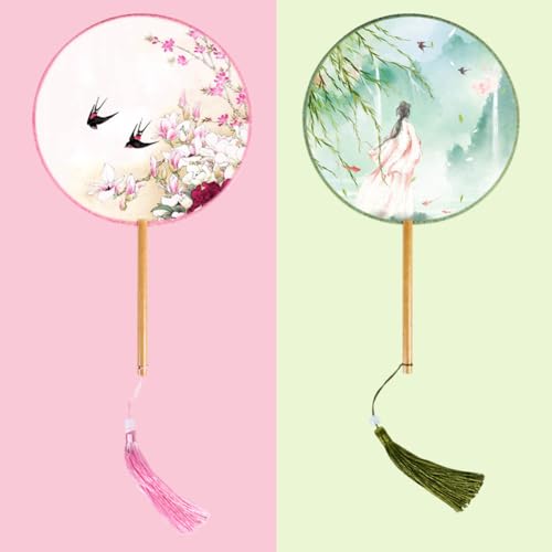 BAOZOON 2 Pcs Silky Translucent Ancient Round Fan Classic Silk Hand Held Fans Floral Pattern Palace Paddle Dance Fan with Tassel Wooden Handle Wedding Favor Gift Home Decor(Color#6) - color: Color#6