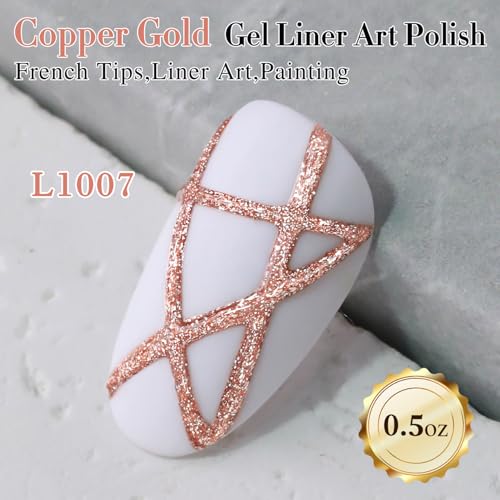 Double Rhythm 15 Ml Metallic Gel Liner Nail Art Gel Bronze Mirror Chrome Painted Drawing Stripper 3D Effect Gel Polish (Glitter Copper Gold-L1007) - color: Copper Gold