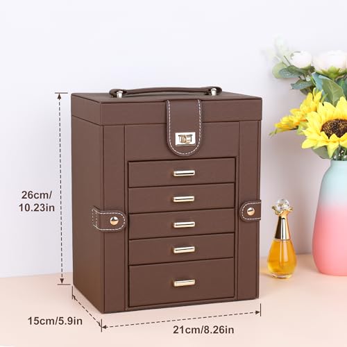 Kendal Jewelry Box, 6-Layer Jewelry Storage Organizer for Necklace Bracelet Rings Watch, 10.2"x8.2"x6" Classic Brown PU Leather 5 Drawers Large Storage Capacity with Mirror - color: Brown, size: Medium(10.2"x8.2"x6")