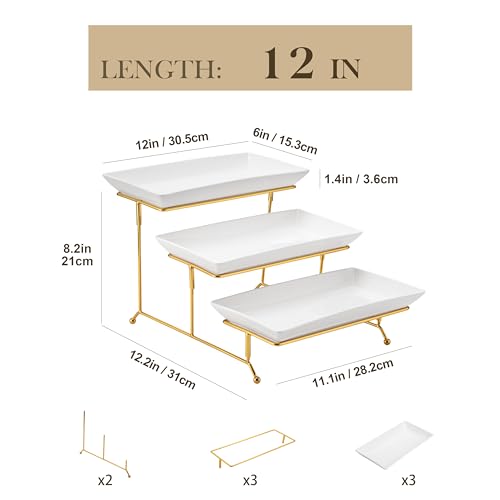 MALACASA 3 Tier Serving Trays for Party, 12 Inch Porcelain White Trays for Serving Food, Dessert Stand with Collapsible Gold Metal Rack - color: White Gold, size: 12 Inch