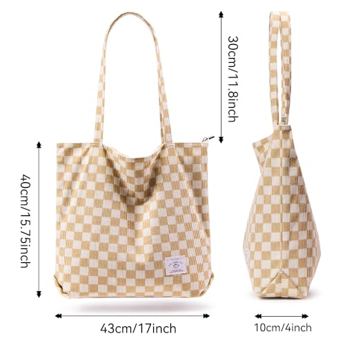 KALIDI Women Corduroy Tote Bag Zipper Casual Tote's Handbag Big Capacity Shoulder Bag with Pockets - color: Checkerboard Khaki