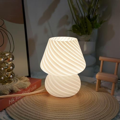 ONEWISH Mushroom Lamp-Small Bedside Table Lamp with Striped Glass, Nightstand Lamp for Bedroom, Living Room, 3000K E26 Bulb Included(White) - color: White