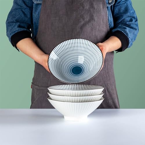 38 oz Japanese Ramen Bowls Set of 6, Large Pho Bowls, 8 Inch Ceramic Blue and White Soup Bowls, Mixing Pattern - color: Mixing Pattern