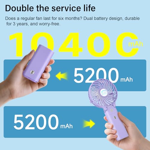 HandFan 10400mAh Personal Handheld Fan, 40Hrs Long-Lasted Hand Fan Rechargeable, Mini Cooling Fans Foldable, Heavy Duty Battery Fans Portable for Travel Beach Concerts Cruise Makeup(Purple) - color: Light Purple