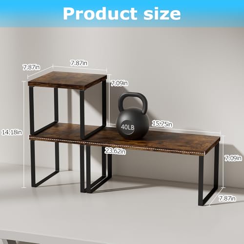Aothia Wood Desktop Shelf for Top of Desk - 2-Tier Adjustable Bookshelf Organizer, Freestanding Stackable Shelves for Office, Home, Kitchen Counter (Rustic Brown)