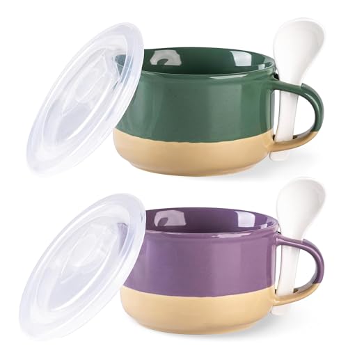 GBhome Ceramic Soup Mugs with Handles and Lids,24 OZ Soup Cups Set of 2 - color: Green&Purple