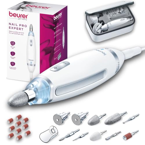 Beurer MP62 Professional Nail Drill Kit, Portable Electric File Machine with 10 Attachments & 10 Sanding Bands, Efile Dremel for Acrylic Gel Manicure and Pedicure, LED Light, with Storage Case - color: White - 10 Attachments