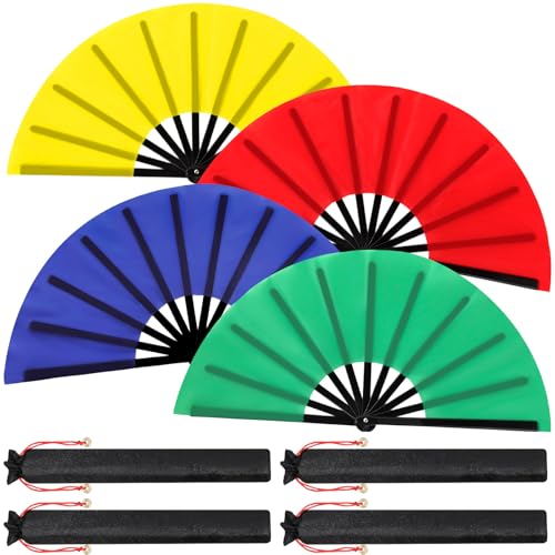 Maitys 4 Packs Large Folding Hand Fans, 13'', Red,Yellow,Green and Blue - color: Red,yellow,green and Blue