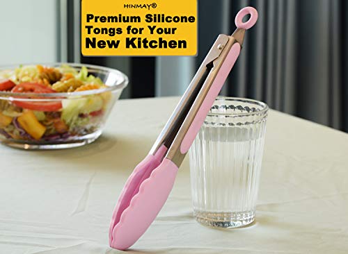HINMAY Serving Tongs with Silicone Tips 9-Inch Food Tongs, Set of 3 (Pink) - color: Pink