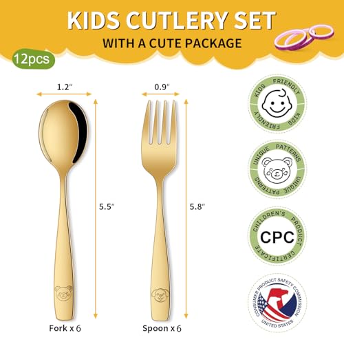 DEHOV Gold Toddler Eating Utensils Set,Set Of 12 Food Grade Stainless Steel Silverware Sets For Kids,Dishwasher Safe Children Small Metal Spoons And Forks Flatware Sets - color: Gold