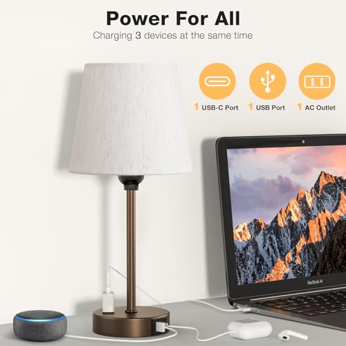 Brown Bedside Lamps Set 2 for Bedroom - Dimmable Touch, USB C+A, AC Outlet - color: Brown