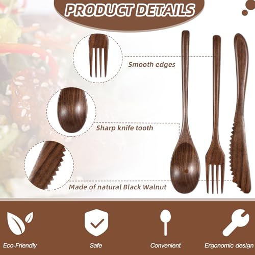 Geiserailie 12 Pcs 12 Pcs Wooden Utensils Spoon Fork Knife Set, Walnut Wood