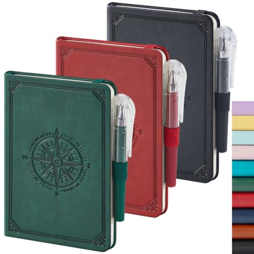 Small Notebook Pocket Journal with Pen, 3 Pack, A6 Mini Size 3.7" x 5.7", 100GSM Lined Paper, for Men & Women Writing, Leather Cover, Black, Red, Green - color: Blagrered Tree, size: A6