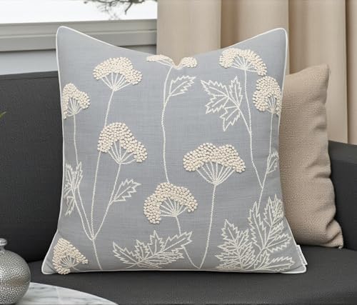 Rudransha Hand Embroidered Wildflower 20x20 Pillow Cover, Light Grey - color: Blooming-light Grey, size: 20" x 20" (Pack of 1)