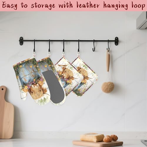 Cute Highland Cow Flowers Garden Heat-Resistant Silicone Oven Mitts and Pot Holders 4 Piece Set,Extra Long Non-Slip Kitchen Oven Gloves for Cooking, Baking, BBQ,Grilling - color: Cute Highland Cow Flowers Garden