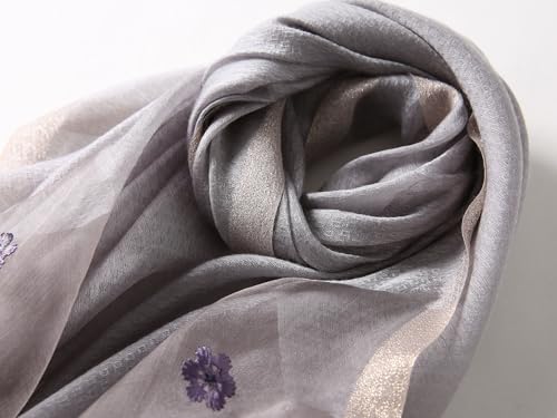 Jeelow Long Silk Blend Embroidered Floral Shawl Scarf Wrap for Women - color: Dusty Grey